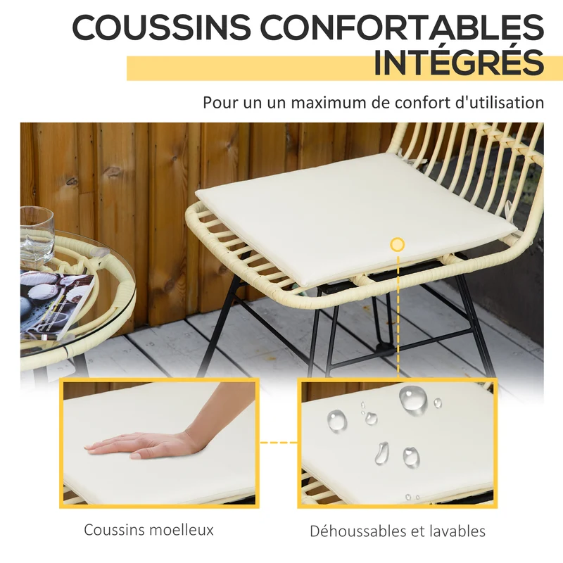 Ensemble bistro extérieur 3 pièces 45 x 50 cm coussins déhoussables confortable style tendance en résine tressée crème 21_0006014