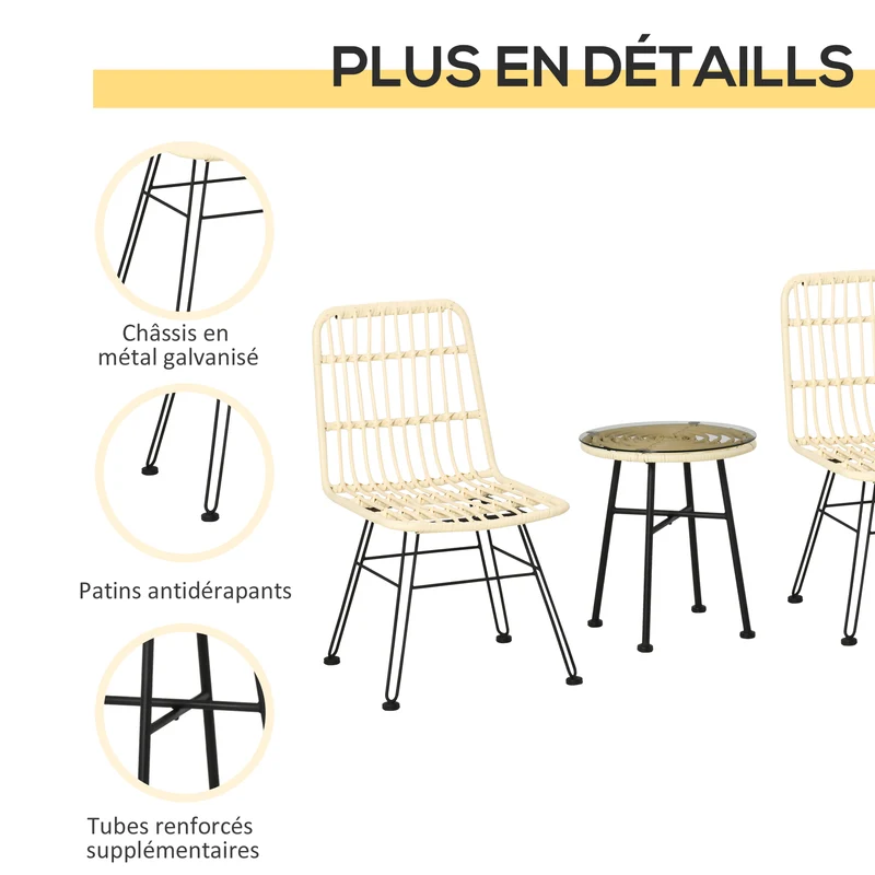 Ensemble bistro extérieur 3 pièces 45 x 50 cm coussins déhoussables confortable style tendance en résine tressée crème 21_0006014
