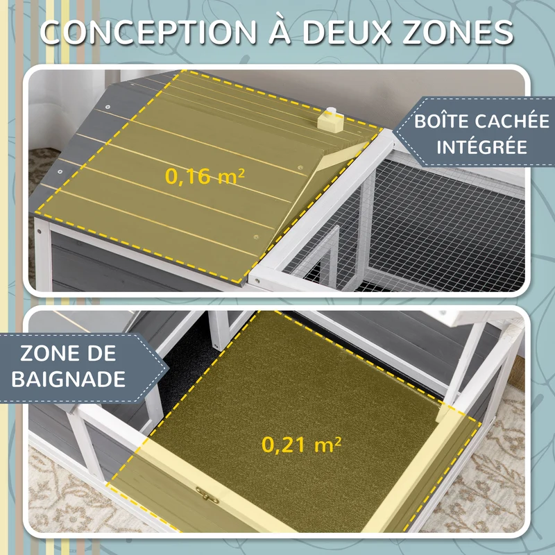 Enclos pour tortue double espace 86 x 54 x 43 cm niche abritée porte toit ouvrant style contemporain en bois gris foncé 21_0007832