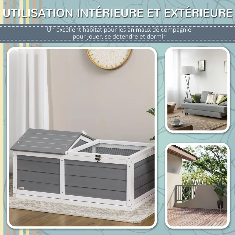 Enclos pour tortue double espace 86 x 54 x 43 cm niche abritée porte toit ouvrant style contemporain en bois gris foncé 21_0007832
