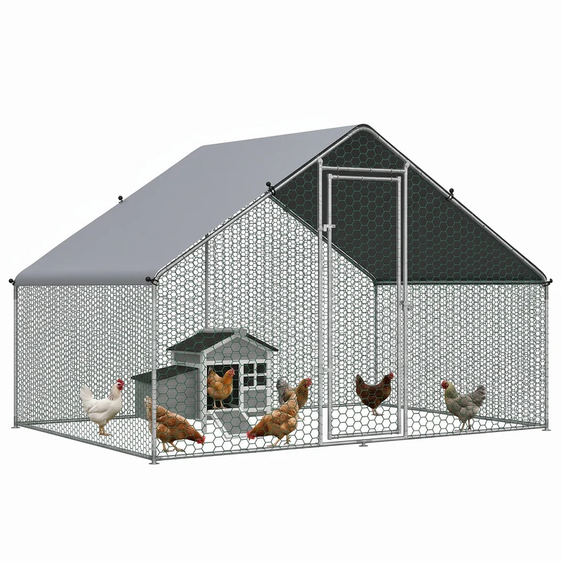 Enclos poulailler jardin 3 x 2 x 2 m maille fine anti-prédateurs bâche densité 210d imperméable rustique en acier gris 21_0007935
