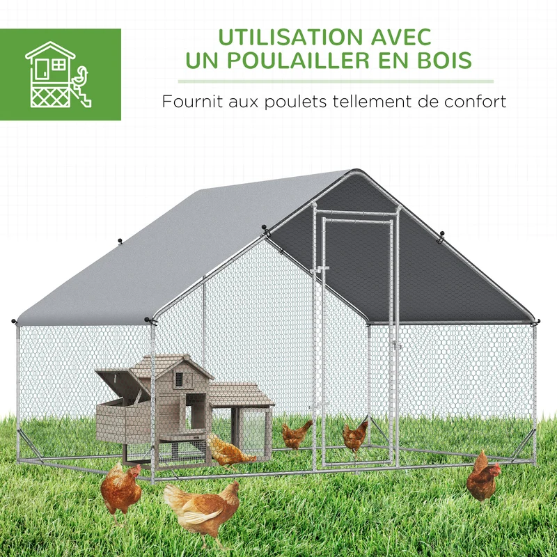 Enclos poulailler jardin 3 x 2 x 2 m maille fine anti-prédateurs bâche densité 210d imperméable rustique en acier gris 21_0007935
