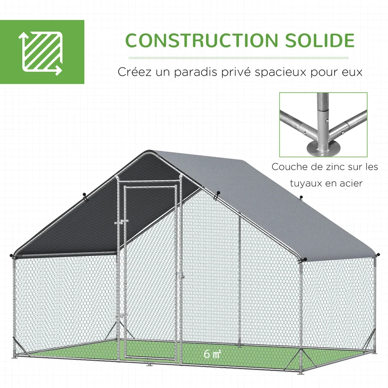 Enclos poulailler jardin 3 x 2 x 2 m maille fine anti-prédateurs bâche densité 210d imperméable rustique en acier gris 21_0007935