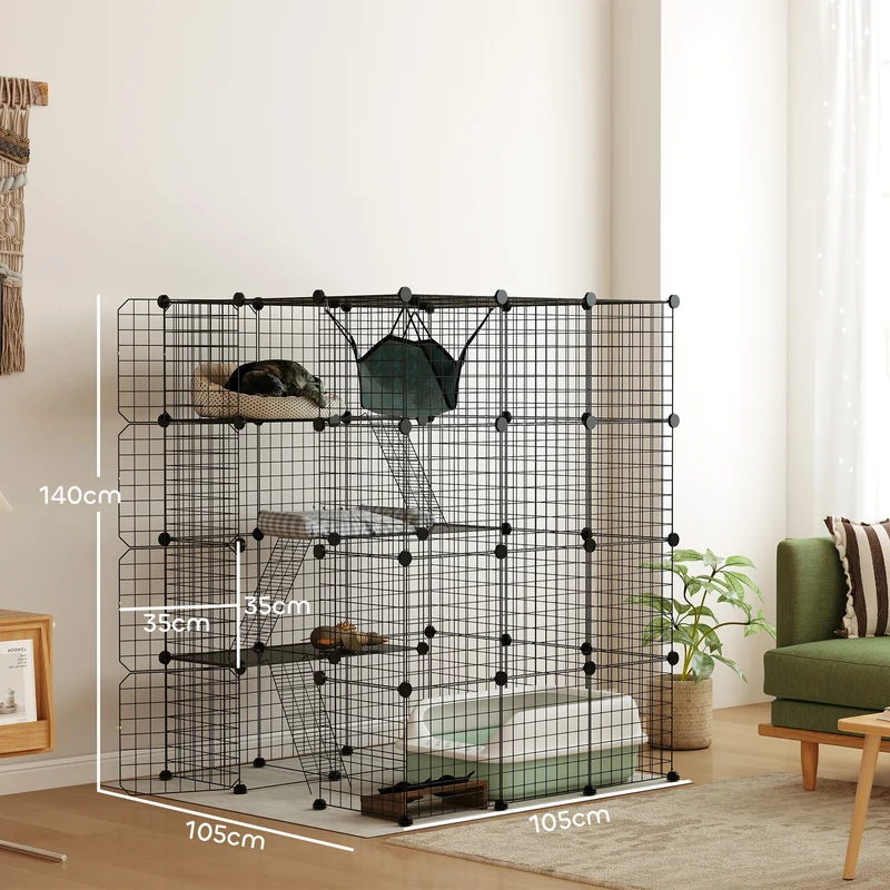 Clôture enclos pour animaux 4 niveaux 105 x 105 x 140 cm modulable 63 panneaux sécurisé contemporain en acier noir 21_0007995
