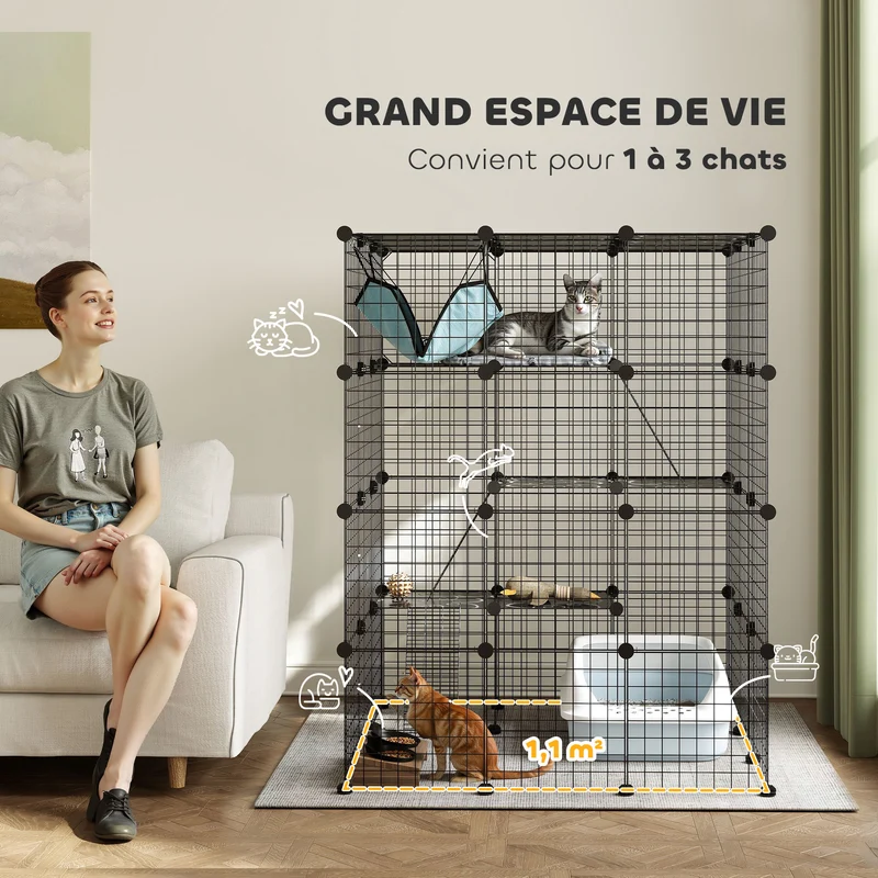 Clôture enclos pour animaux 4 niveaux 105 x 105 x 140 cm modulable 63 panneaux sécurisé contemporain en acier noir 21_0007995