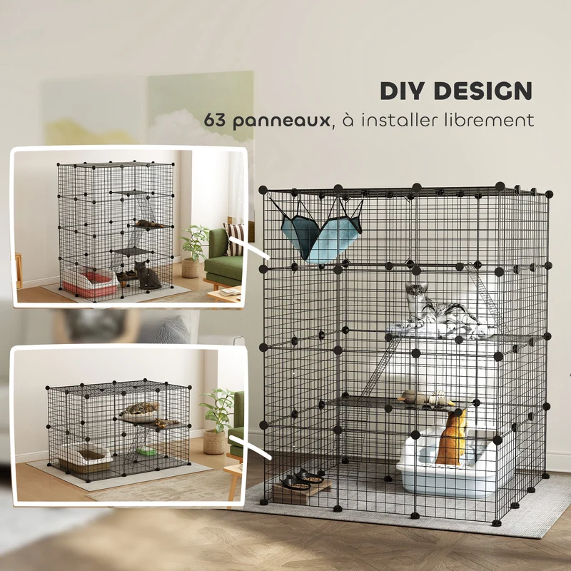 Clôture enclos pour animaux 4 niveaux 105 x 105 x 140 cm modulable 63 panneaux sécurisé contemporain en acier noir 21_0007995