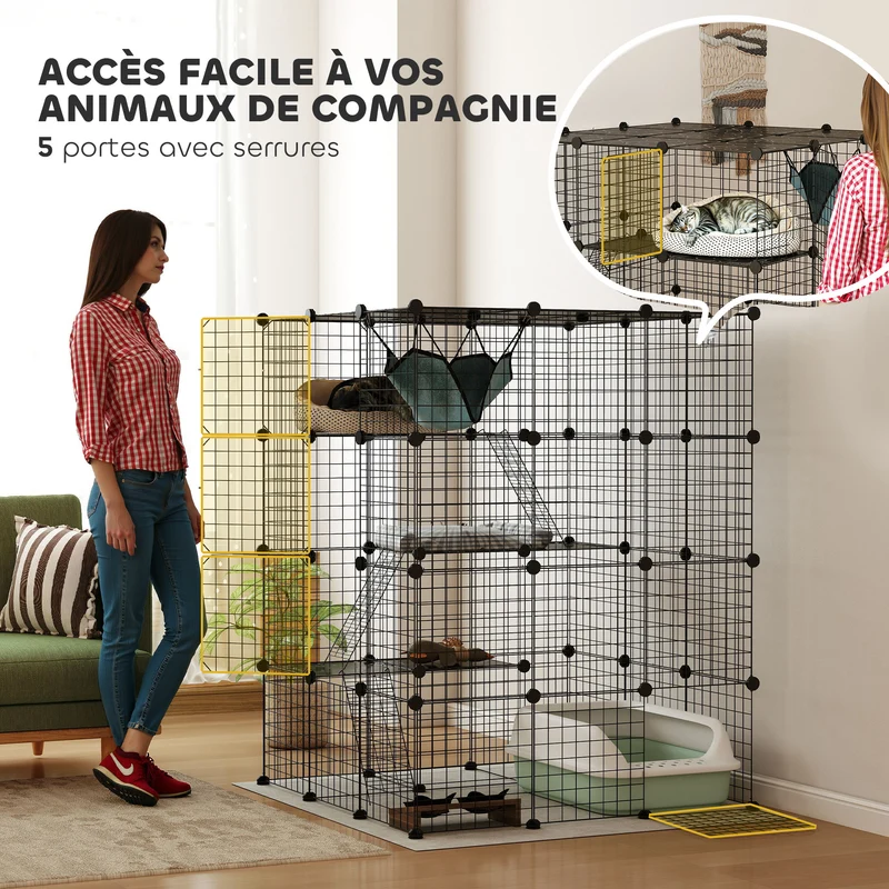 Clôture enclos pour animaux 4 niveaux 105 x 105 x 140 cm modulable 63 panneaux sécurisé contemporain en acier noir 21_0007995