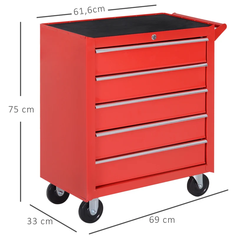 Chariot à outils atelier sur roulettes 69 x 33 x 75 cm 5 tiroirs verrouillables 2 clés compact industriel en acier rouge 21_0006971