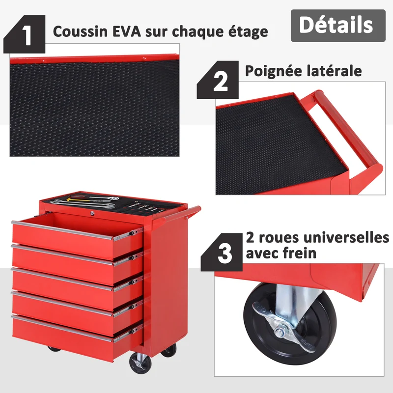 Chariot à outils atelier sur roulettes 69 x 33 x 75 cm 5 tiroirs verrouillables 2 clés compact industriel en acier rouge 21_0006971