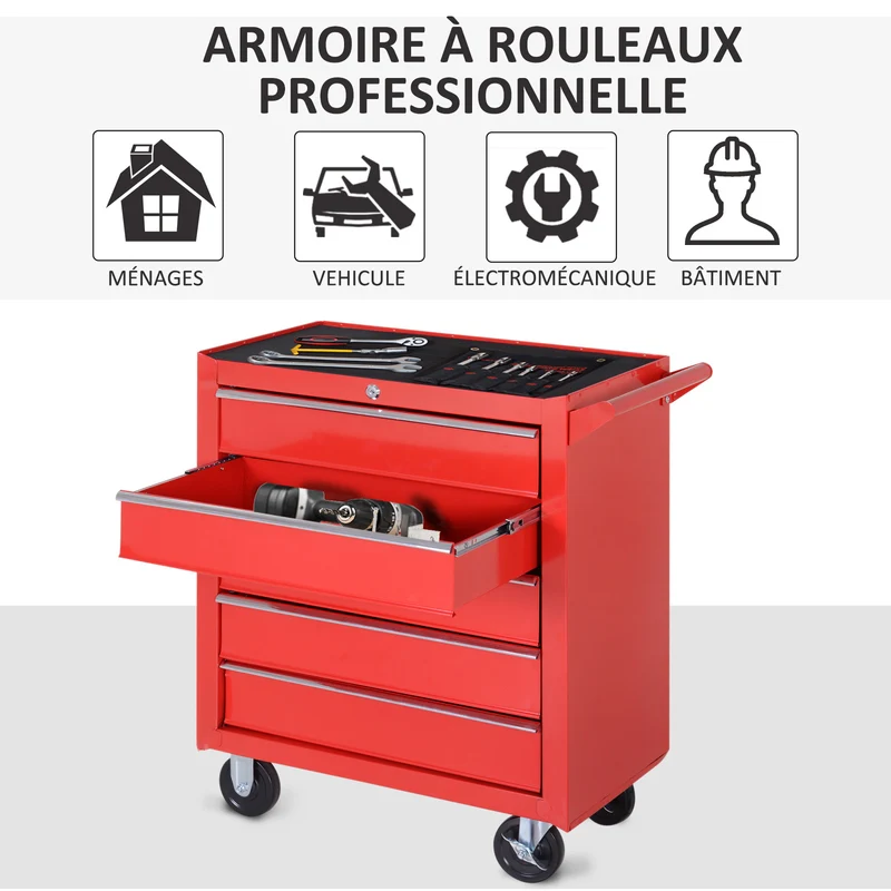 Chariot à outils atelier sur roulettes 69 x 33 x 75 cm 5 tiroirs verrouillables 2 clés compact industriel en acier rouge 21_0006971