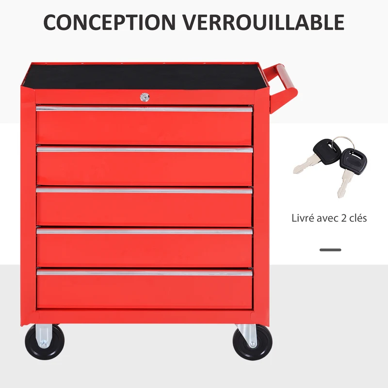 Chariot à outils atelier sur roulettes 69 x 33 x 75 cm 5 tiroirs verrouillables 2 clés compact industriel en acier rouge 21_0006971