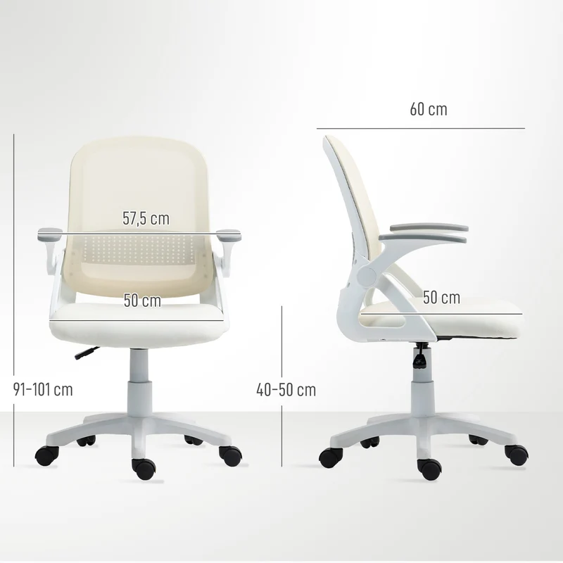 Chaise de bureau ergonomique 58 x 60 x 91-101 cm dossier incurvé mousse accoudoirs rabattables moderne en maille blanc 21_0006299