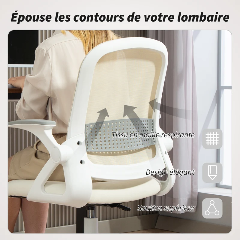 Chaise de bureau ergonomique 58 x 60 x 91-101 cm dossier incurvé mousse accoudoirs rabattables moderne en maille blanc 21_0006299