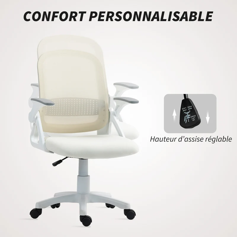 Chaise de bureau ergonomique 58 x 60 x 91-101 cm dossier incurvé mousse accoudoirs rabattables moderne en maille blanc 21_0006299