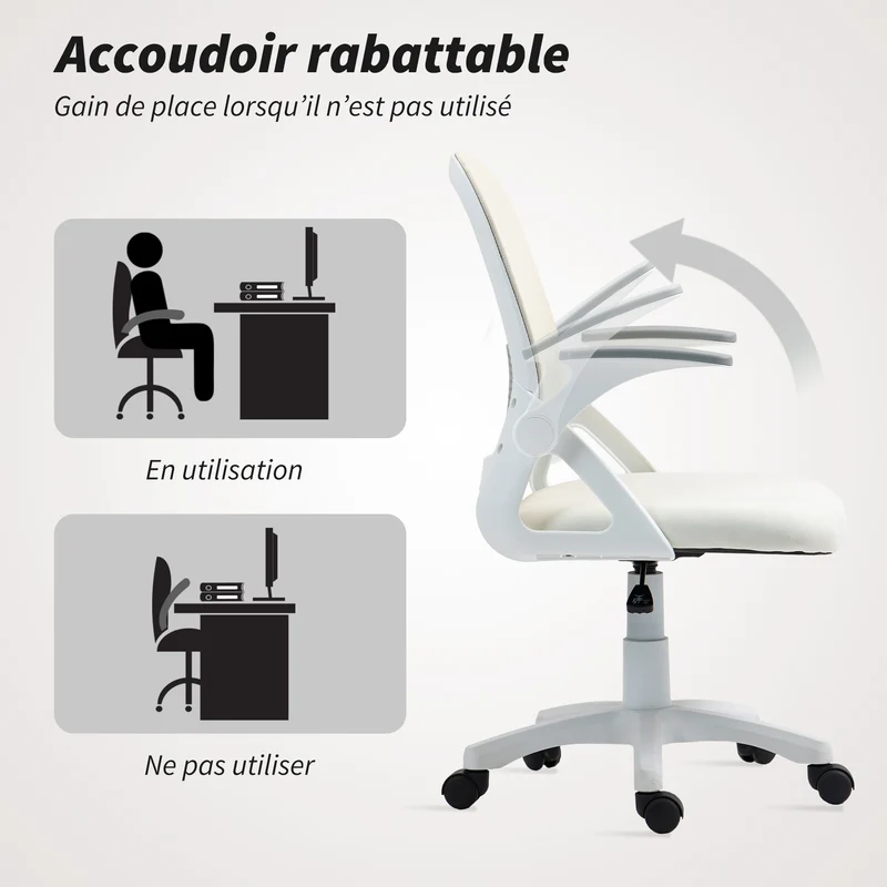 Chaise de bureau ergonomique 58 x 60 x 91-101 cm dossier incurvé mousse accoudoirs rabattables moderne en maille blanc 21_0006299