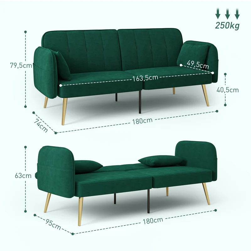 Canapé convertible 2 places 180 x 74 x 80 cm dossier réglable confort mousse dense scandinave en polyester vert foncé 21_0003455
