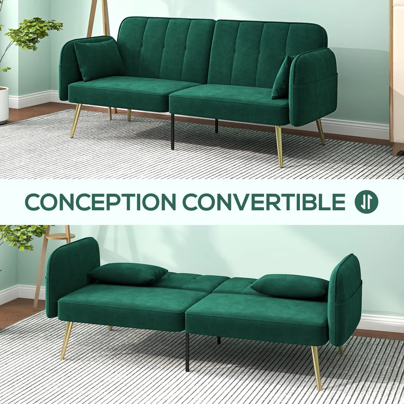 Canapé convertible 2 places 180 x 74 x 80 cm dossier réglable confort mousse dense scandinave en polyester vert foncé 21_0003455