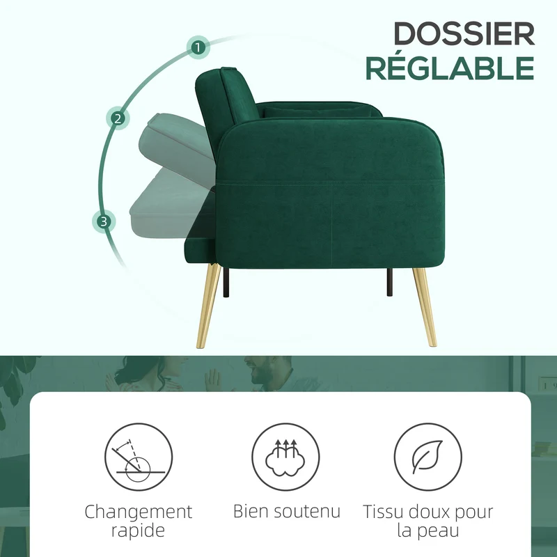 Canapé convertible 2 places 180 x 74 x 80 cm dossier réglable confort mousse dense scandinave en polyester vert foncé 21_0003455