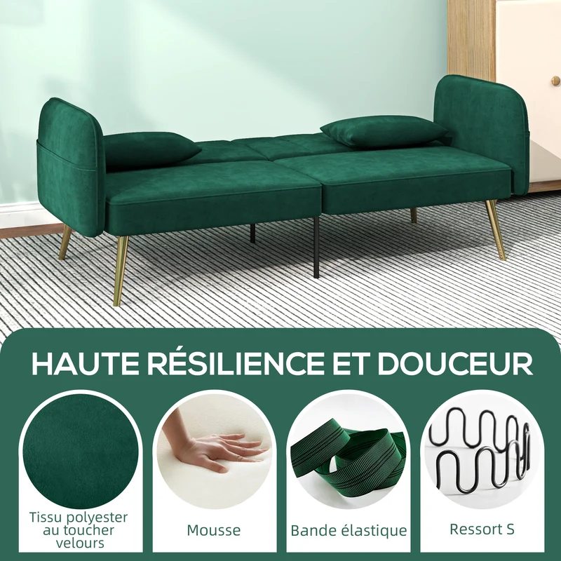 Canapé convertible 2 places 180 x 74 x 80 cm dossier réglable confort mousse dense scandinave en polyester vert foncé 21_0003455