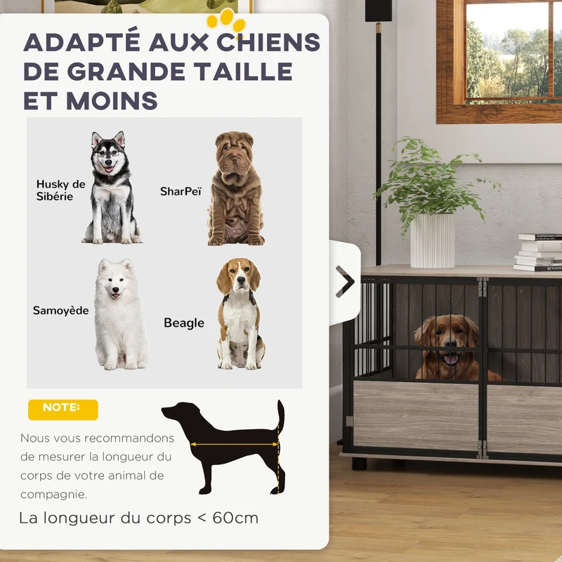 Cage pour chien table d'appoint 100 x 60 x 68 cm 3 portes plateau spacieux moderne épuré en panneau de particules noir 21_0007302