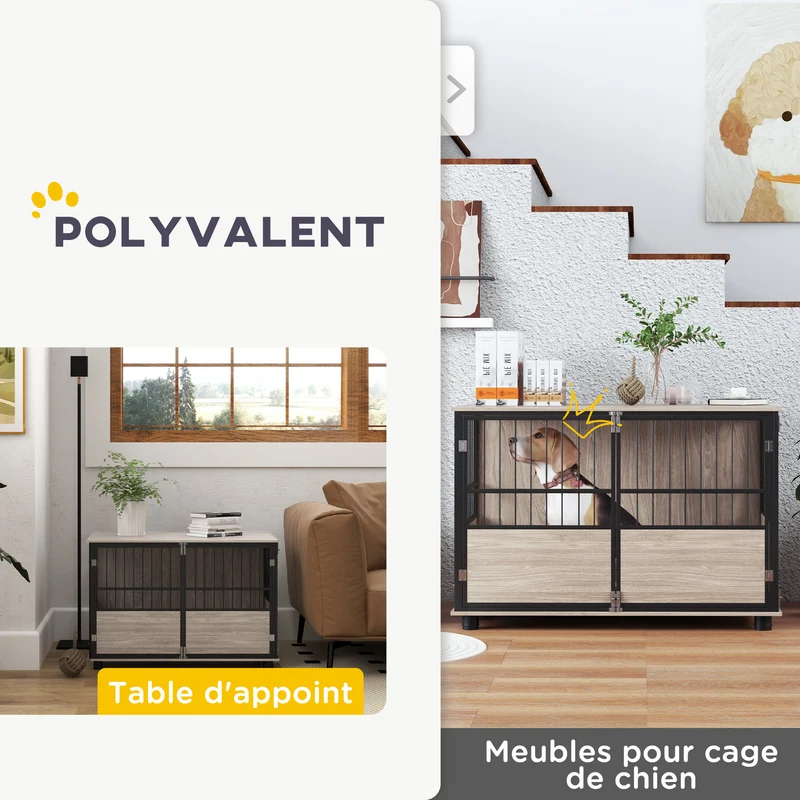 Cage pour chien table d'appoint 100 x 60 x 68 cm 3 portes plateau spacieux moderne épuré en panneau de particules noir 21_0007302