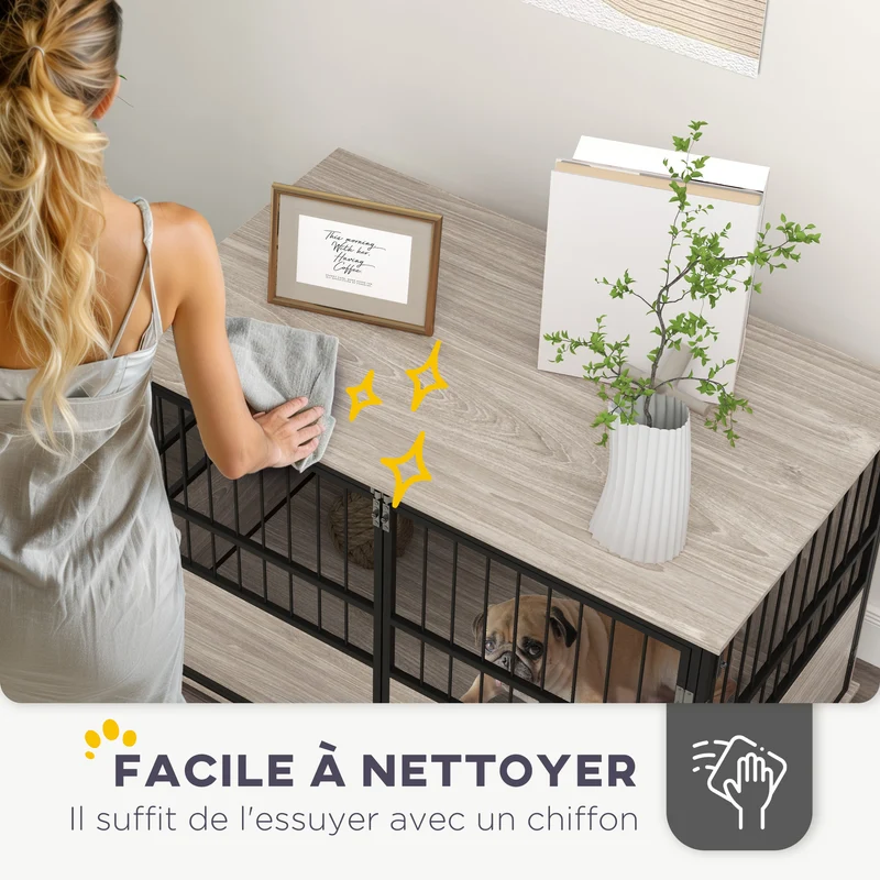 Cage pour chien table d'appoint 100 x 60 x 68 cm 3 portes plateau spacieux moderne épuré en panneau de particules noir 21_0007302