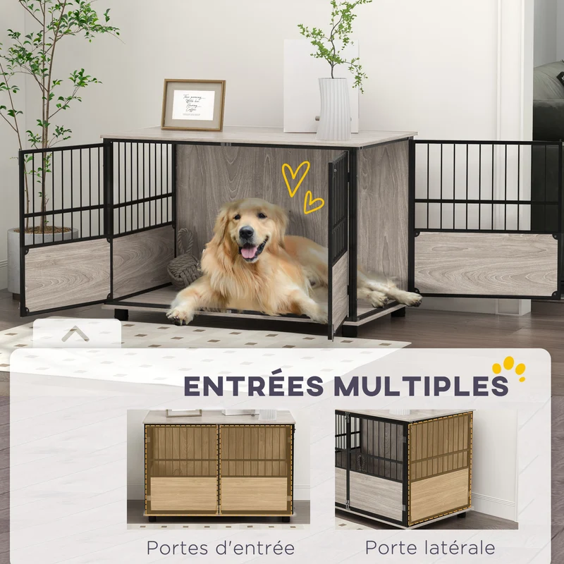 Cage pour chien table d'appoint 100 x 60 x 68 cm 3 portes plateau spacieux moderne épuré en panneau de particules noir 21_0007302