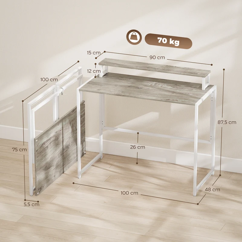 Bureau pliable chambre gain de place 100 x 48 x 87.5 cm support rehausseur ergonomique style épuré en MDF bois naturel 21_0002564