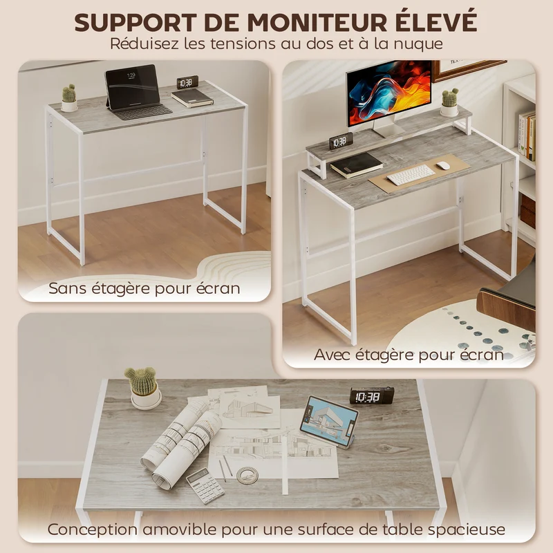 Bureau pliable chambre gain de place 100 x 48 x 87.5 cm support rehausseur ergonomique style épuré en MDF bois naturel 21_0002564