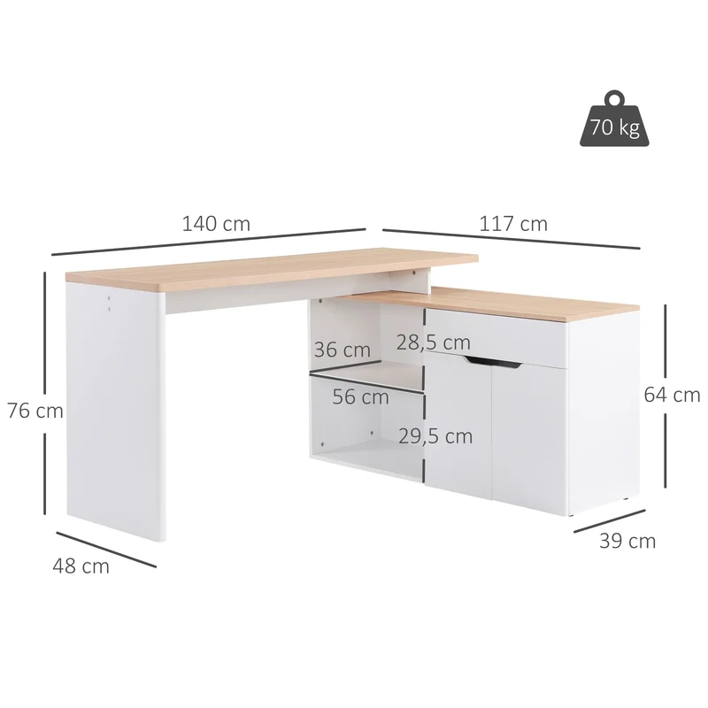 Bureau modulable en angle 140 x 117 x 76 cm multirangements gain de place salon veiné contemporain épuré en MDF blanc 21_0002434