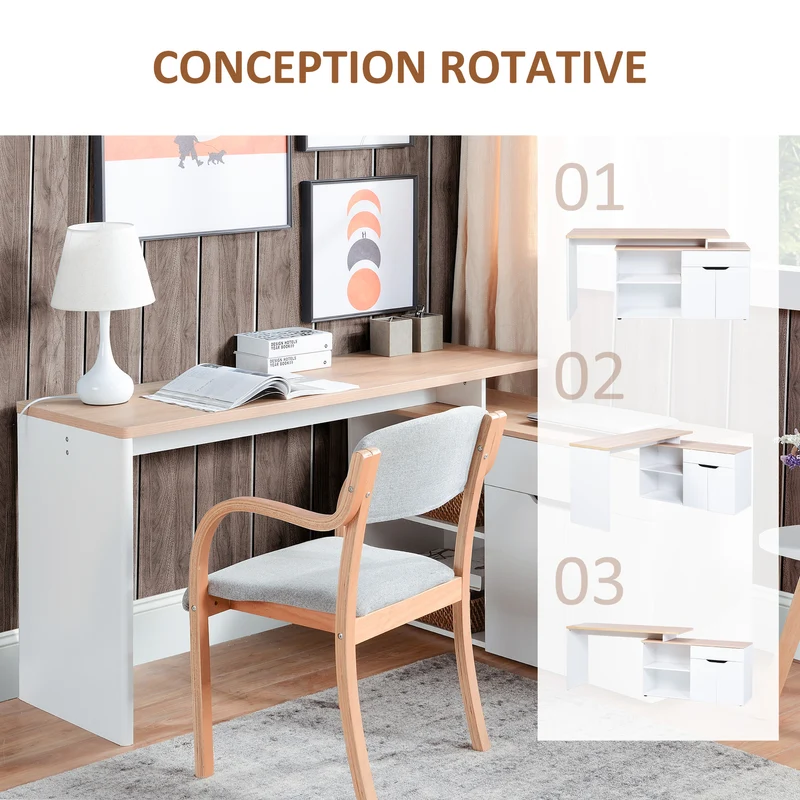 Bureau modulable en angle 140 x 117 x 76 cm multirangements gain de place salon veiné contemporain épuré en MDF blanc 21_0002434
