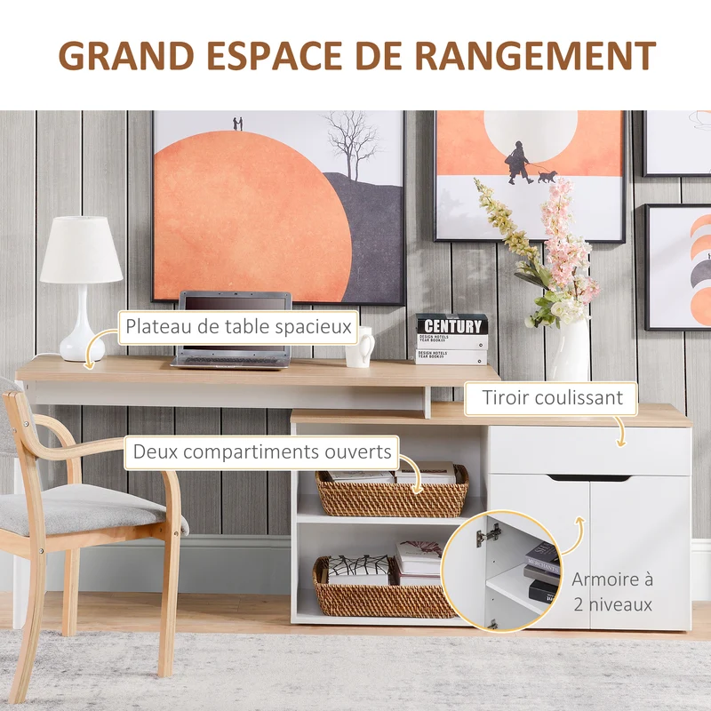 Bureau modulable en angle 140 x 117 x 76 cm multirangements gain de place salon veiné contemporain épuré en MDF blanc 21_0002434