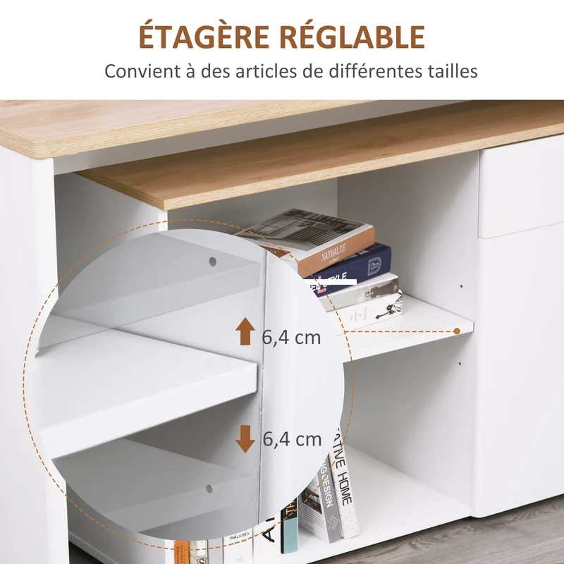 Bureau modulable en angle 140 x 117 x 76 cm multirangements gain de place salon veiné contemporain épuré en MDF blanc 21_0002434