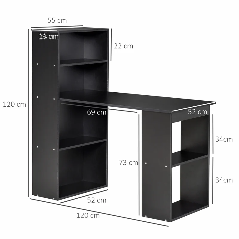 Bureau informatique bibliothèque 120 x 55 x 120 cm rangement optimisé compact contemporain en panneaux de particules noir 21_0002399