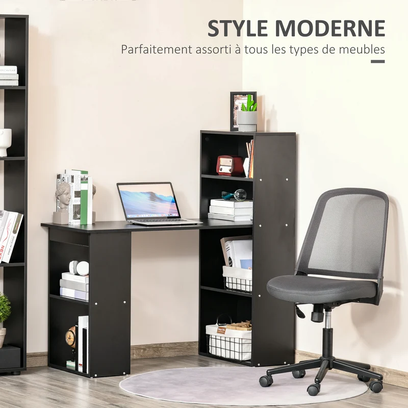 Bureau informatique bibliothèque 120 x 55 x 120 cm rangement optimisé compact contemporain en panneaux de particules noir 21_0002399
