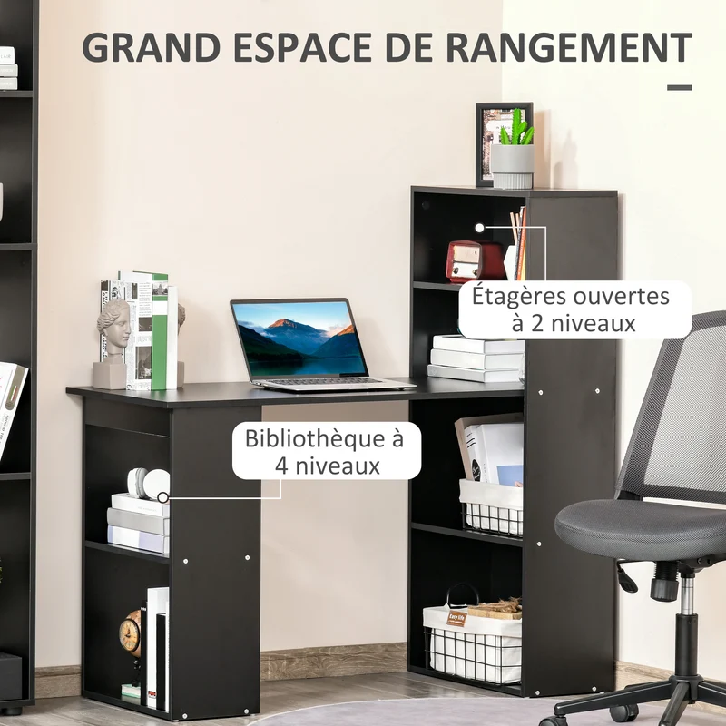 Bureau informatique bibliothèque 120 x 55 x 120 cm rangement optimisé compact contemporain en panneaux de particules noir 21_0002399