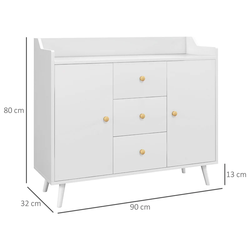 Buffet salon 90 x 32 x 80 cm plan de travail spacieux 2 portes 3 tiroirs style moderne en panneau de particules blanc 21_0002857