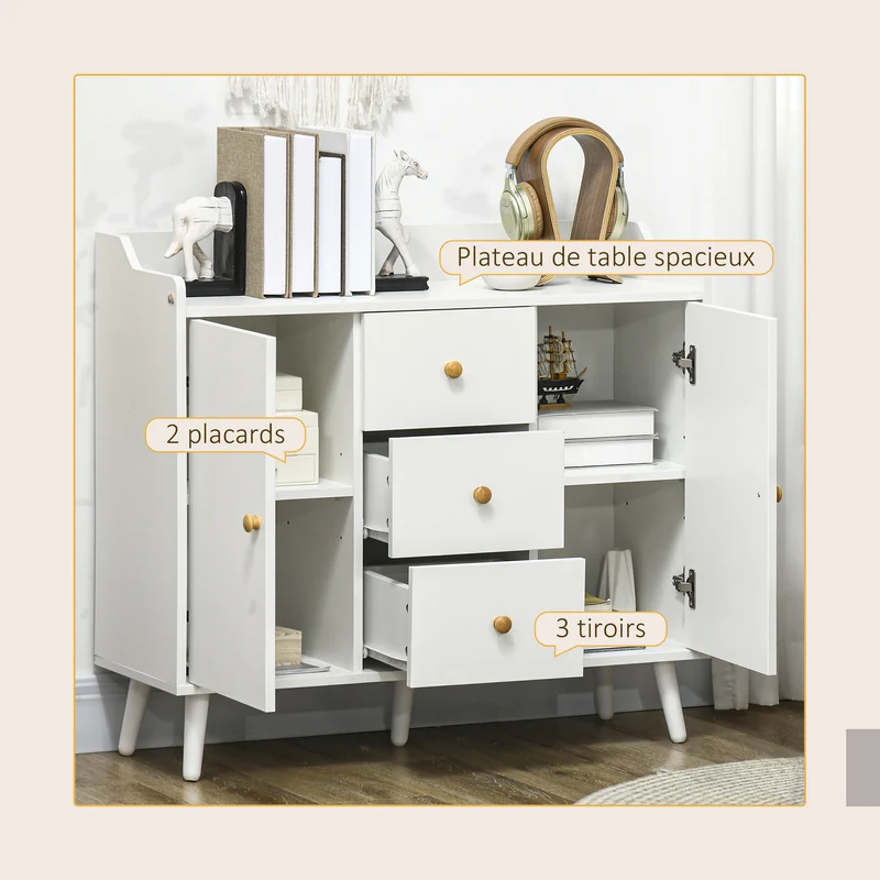 Buffet salon 90 x 32 x 80 cm plan de travail spacieux 2 portes 3 tiroirs style moderne en panneau de particules blanc 21_0002857