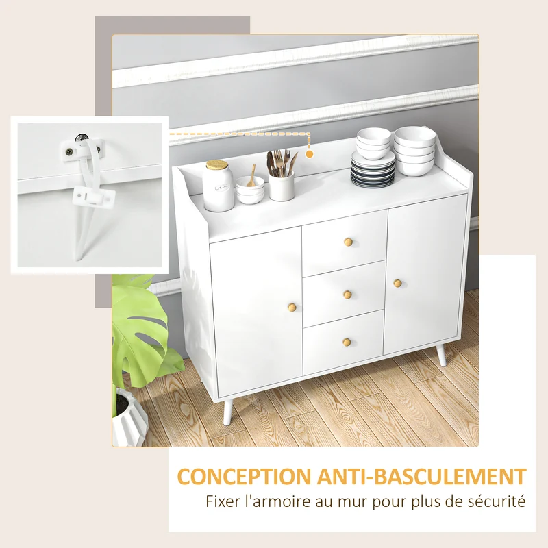 Buffet salon 90 x 32 x 80 cm plan de travail spacieux 2 portes 3 tiroirs style moderne en panneau de particules blanc 21_0002857