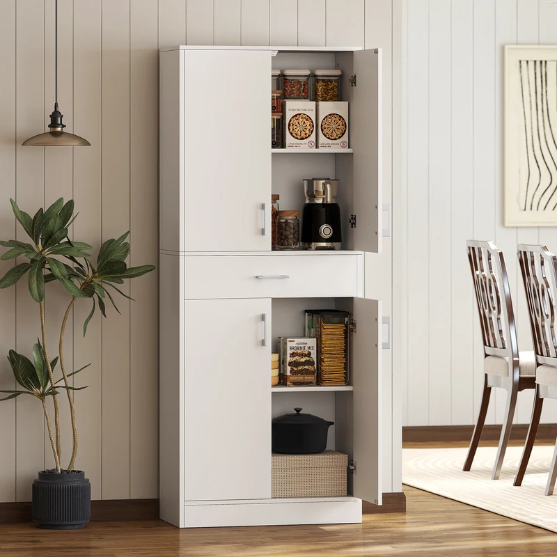 Buffet haut armoire de cuisine 70,8 x 34 x 180 cm rangement tiroir étagères réglables contemporain épuré en MDF blanc 21_0003205