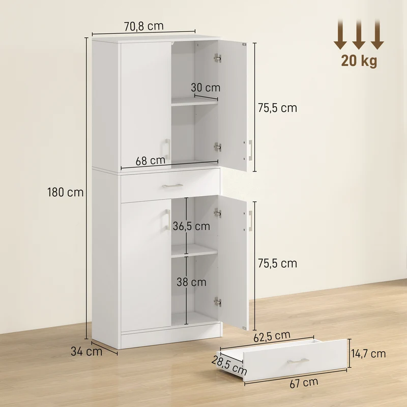Buffet haut armoire de cuisine 70,8 x 34 x 180 cm rangement tiroir étagères réglables contemporain épuré en MDF blanc 21_0003205