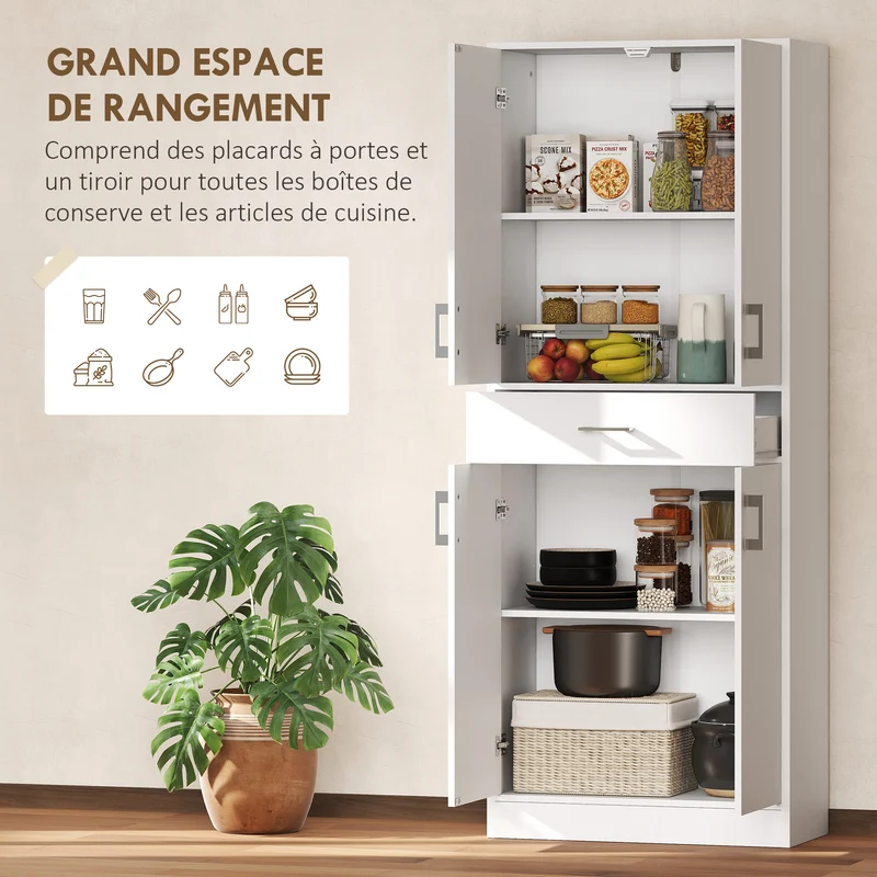 Buffet haut armoire de cuisine 70,8 x 34 x 180 cm rangement tiroir étagères réglables contemporain épuré en MDF blanc 21_0003205