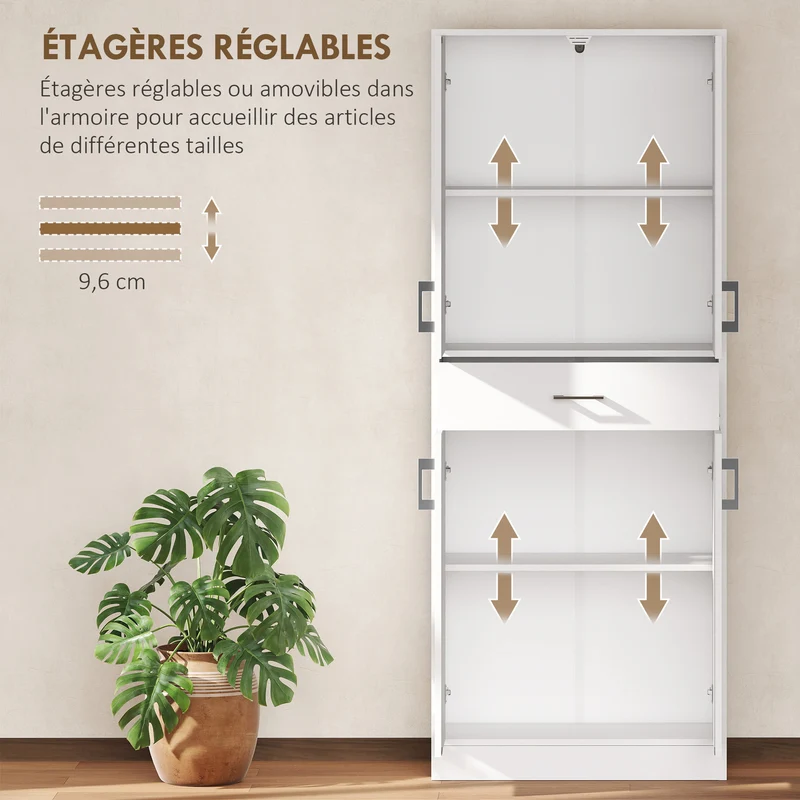 Buffet haut armoire de cuisine 70,8 x 34 x 180 cm rangement tiroir étagères réglables contemporain épuré en MDF blanc 21_0003205