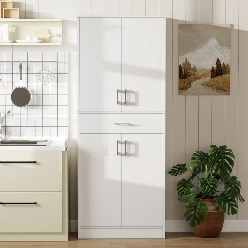Buffet haut armoire de cuisine 70,8 x 34 x 180 cm rangement tiroir étagères réglables contemporain épuré en MDF blanc 21_0003205