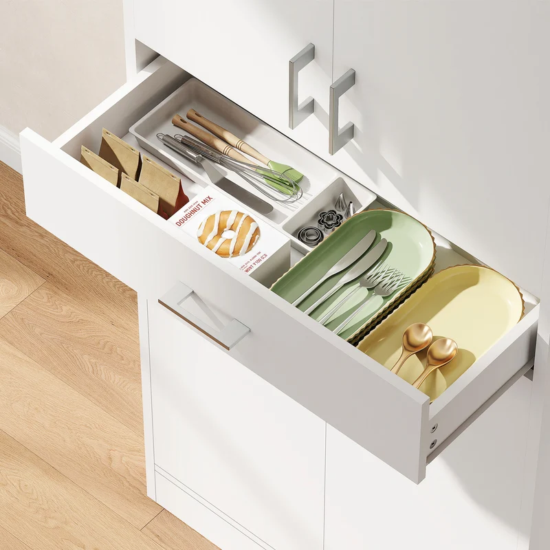 Buffet haut armoire de cuisine 70,8 x 34 x 180 cm rangement tiroir étagères réglables contemporain épuré en MDF blanc 21_0003205