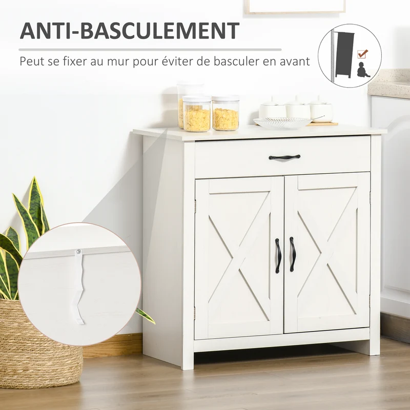 Buffet de rangement salon rustique 80 x 39,7 x 80 cm tiroir spacieux étagère réglable motif croix charme en MDF blanc 21_0002232
