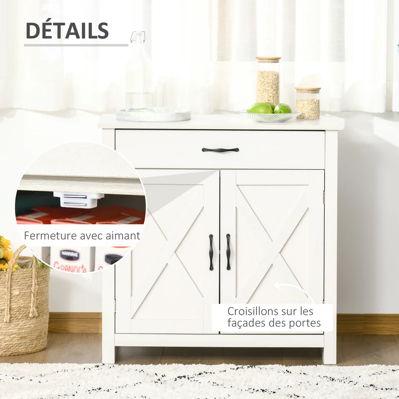 Buffet de rangement salon rustique 80 x 39,7 x 80 cm tiroir spacieux étagère réglable motif croix charme en MDF blanc 21_0002232