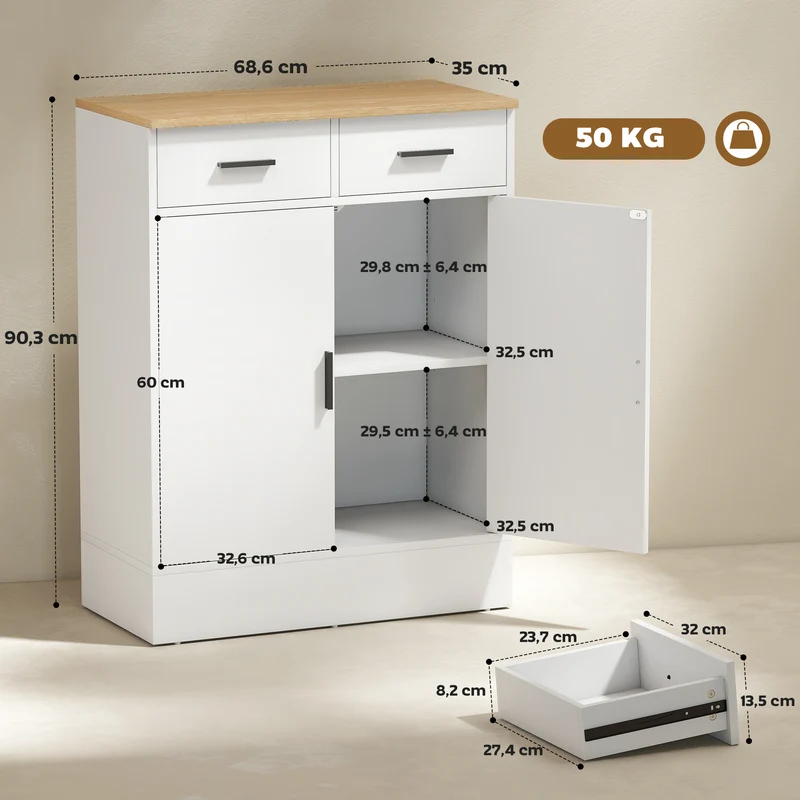 Buffet de rangement 68,6 x 35 x 90,3 cm étagère réglable anti-basculement moderne épuré en panneau de particules blanc 21_0002982