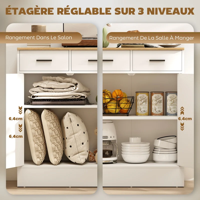 Buffet de rangement 68,6 x 35 x 90,3 cm étagère réglable anti-basculement moderne épuré en panneau de particules blanc 21_0002982