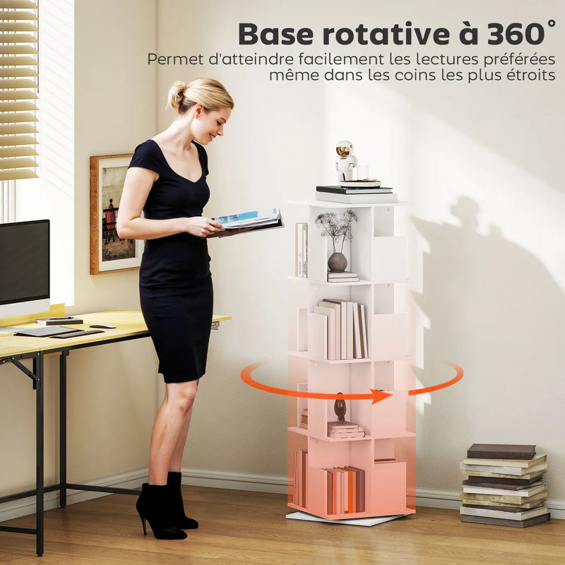Bibliothèque rotative 39 x 39 x 128,3 cm 16 cases rotation 360 anti basculement épuré en panneau de particules blanc 21_0002548